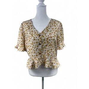 Baby Doll Floral Ruffle Button Up Top Woman Large Y2K Yellow Blue Coquette Fairy
